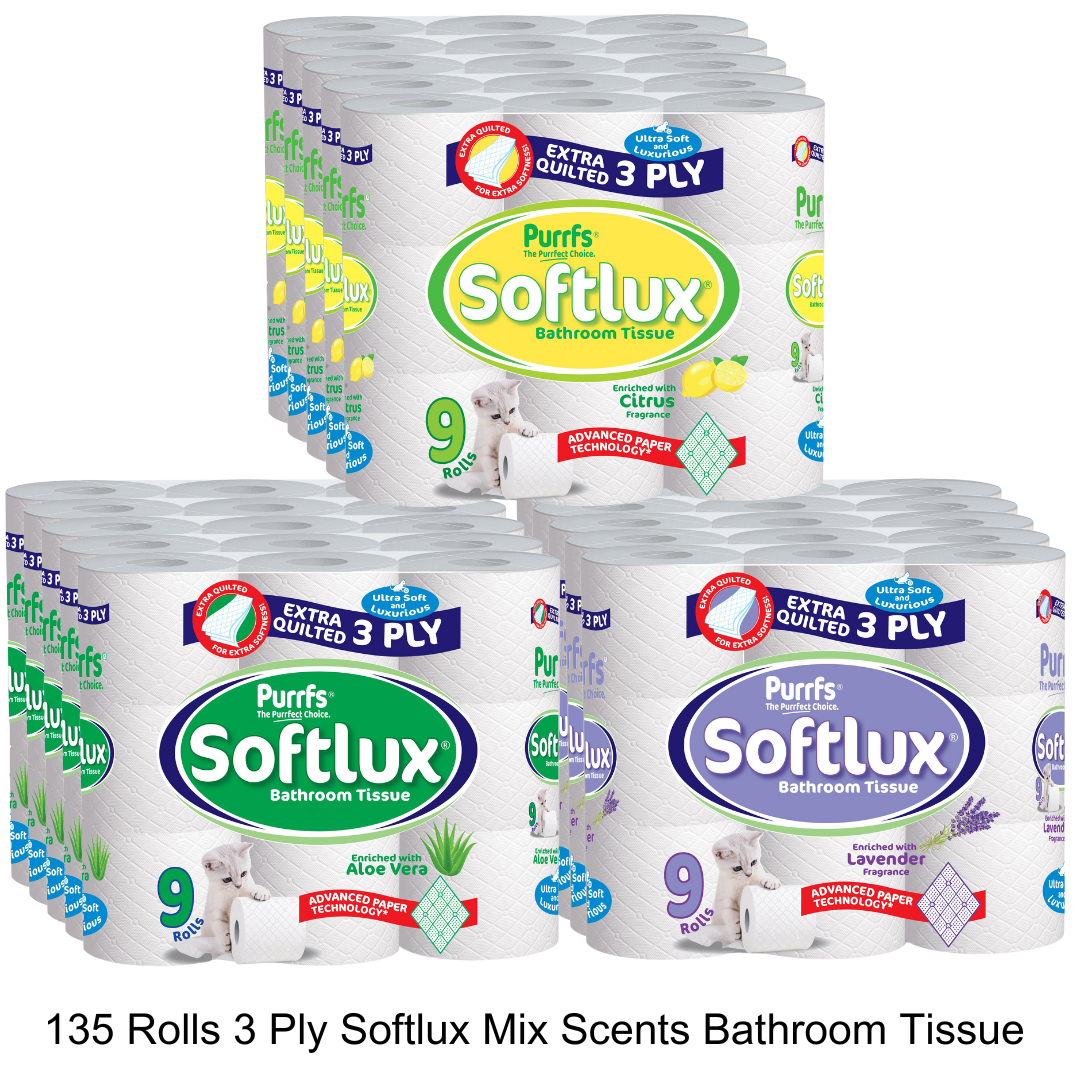 135 Softlux Toilet Rolls 3 Ply Bathroom Tissue Paper 45 x 3 135 Rolls Citrus, Aloe Vera and Lavender Scented Toilet Tissue 135 Softlux Toilet Rolls 3 Ply Bathroom Tissue Paper 45 x 3 135 Rolls Citrus, Aloe Vera and Lavender Scented Toilet Tissue